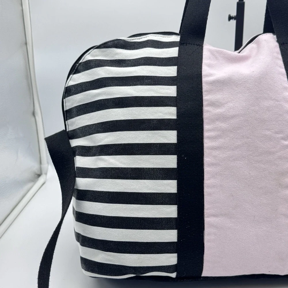 Victorias Secret Overnight Duffle Bag Weekend Tote VS Pink Black Stripe Crossbod